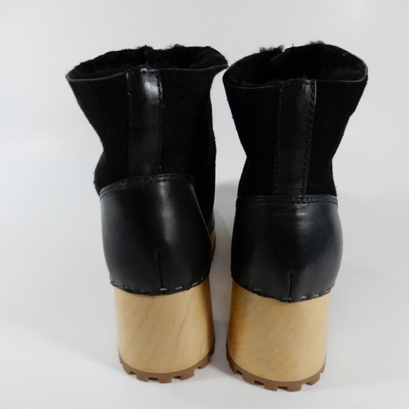 MIA Josi Platform CLOGS Boots Size 8 Black Leather Sheep Fur Wooden Heel NWOB - Picture 7 of 10